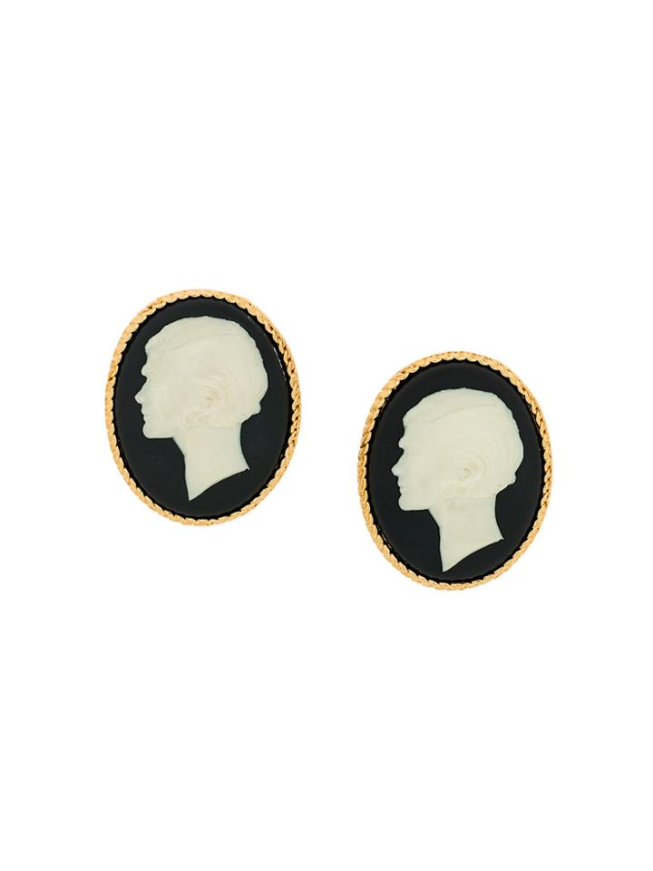 Chanel Vintage Huge Cameo Portrait Earrings - Black