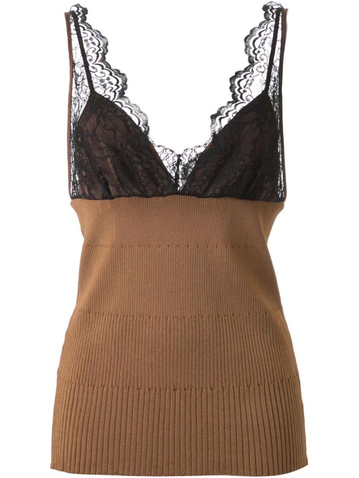 Muveil Lace Overlay Knitted Tank Top, Women's, Size: 38, Brown, Polyester/rayon/nylon/polyurethane