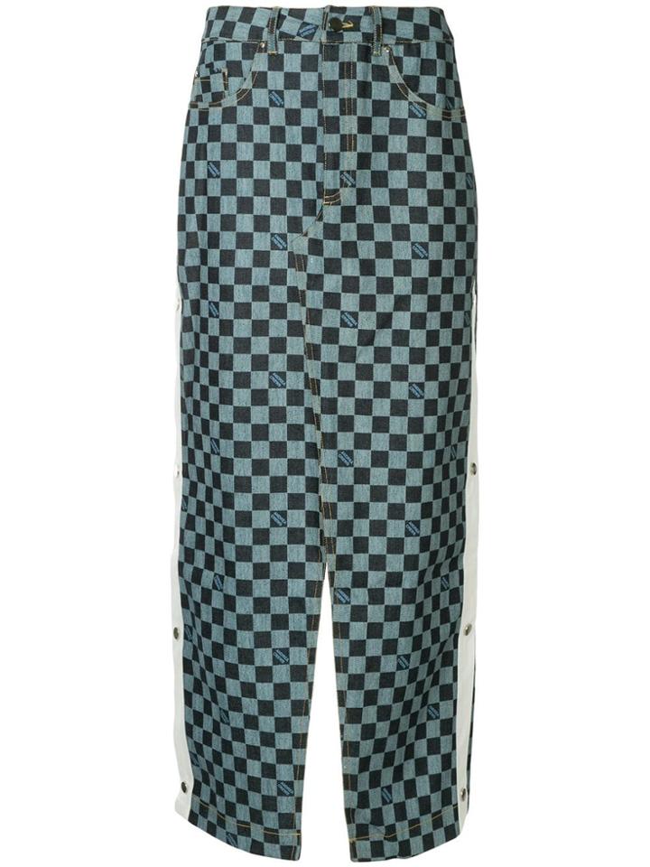 Andrea Crews Snap Long Check Denim Skirt - Blue