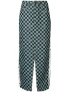 Andrea Crews Snap Long Check Denim Skirt - Blue