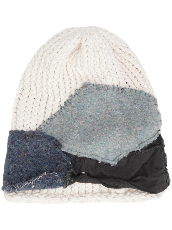 Greg Lauren Patched Knit Beanie, Adult Unisex, White, Cotton