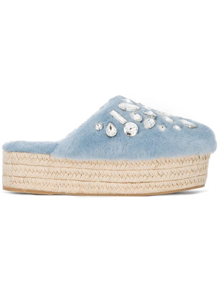 Miu Miu Blue Shearling Crystal 45 Flatform Mules
