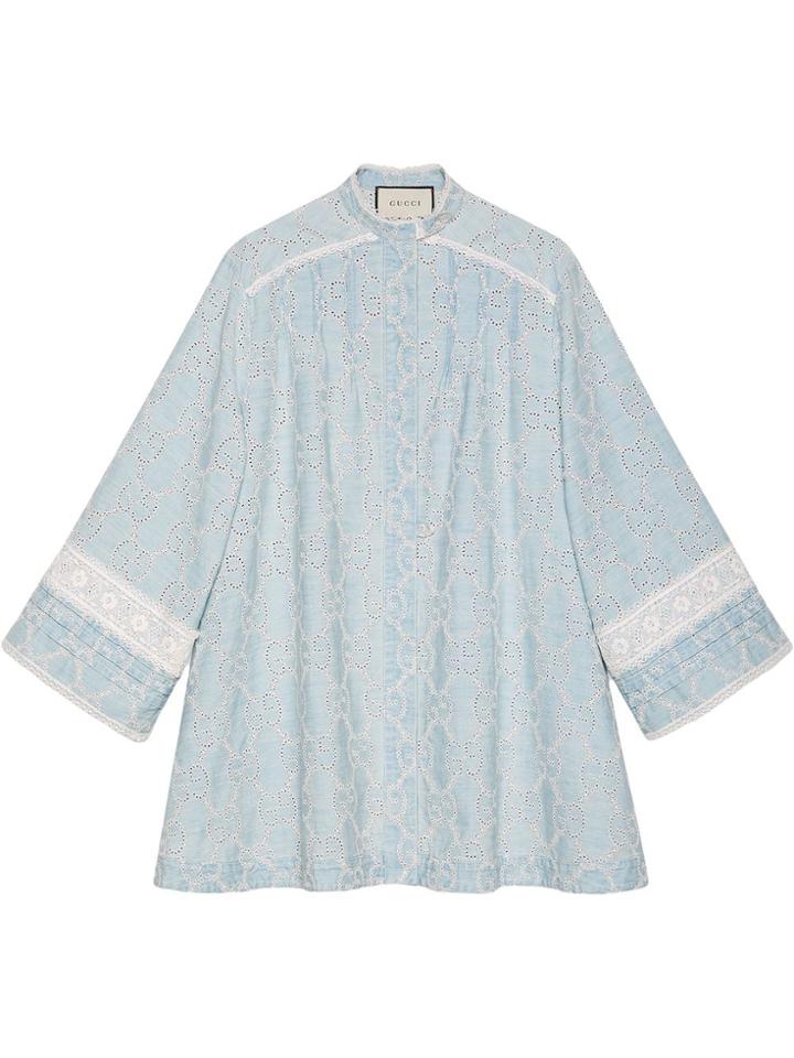 Gucci Gg Embroidered Denim Dress With Lace - Blue