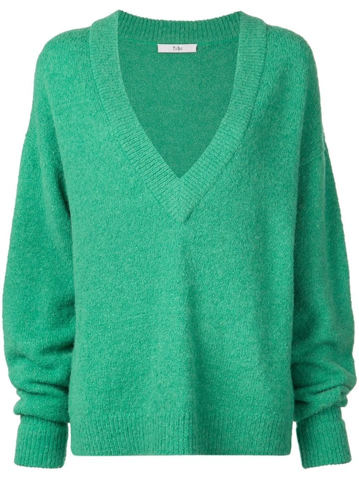 Tibi Airy Alpaca V-neck Pullover - Green