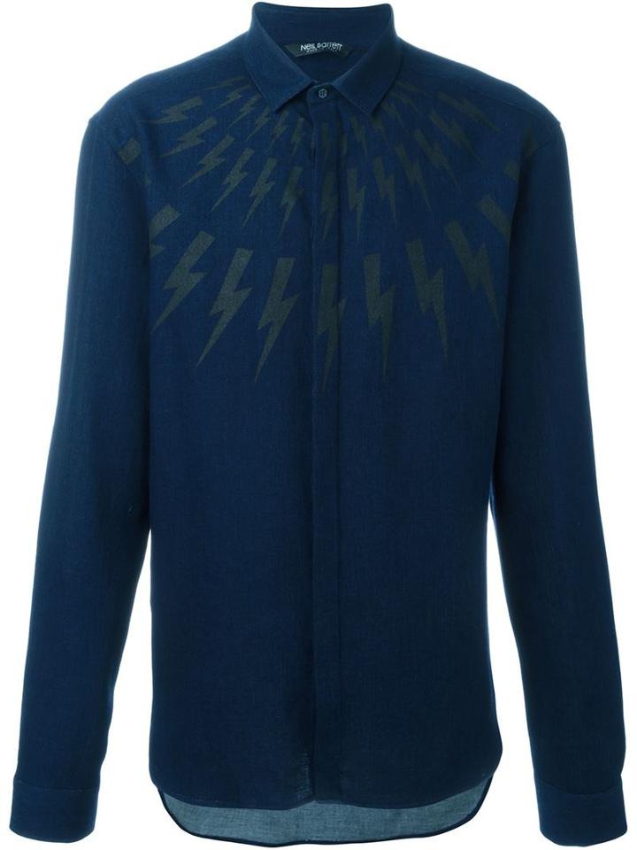 Neil Barrett Lightening Bolt Print Shirt, Men's, Size: 42, Blue, Cotton