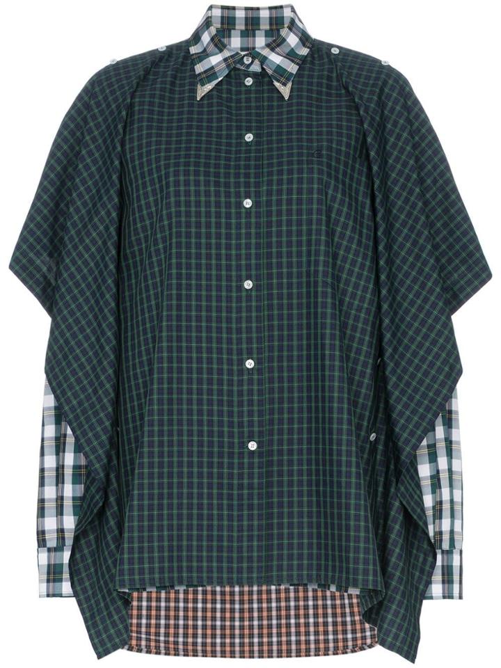 Push Button Check Print Panelled Cotton Blend Shirt - Green