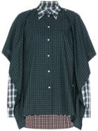 Push Button Check Print Panelled Cotton Blend Shirt - Green
