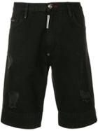 Philipp Plein Skull Distressed Denim Bermuda Shorts - Black