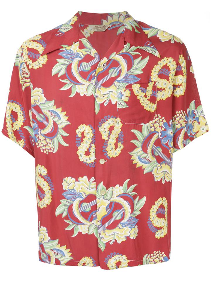 Fake Alpha Vintage 1940s Hawaiian Ukulele Print Shirt - Red