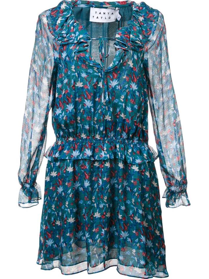Tanya Taylor Floral Print Ruffled Dress, Women's, Size: 2, Green, Silk