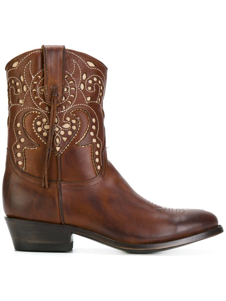 Ash Embellished Cowboy Boots - Brown