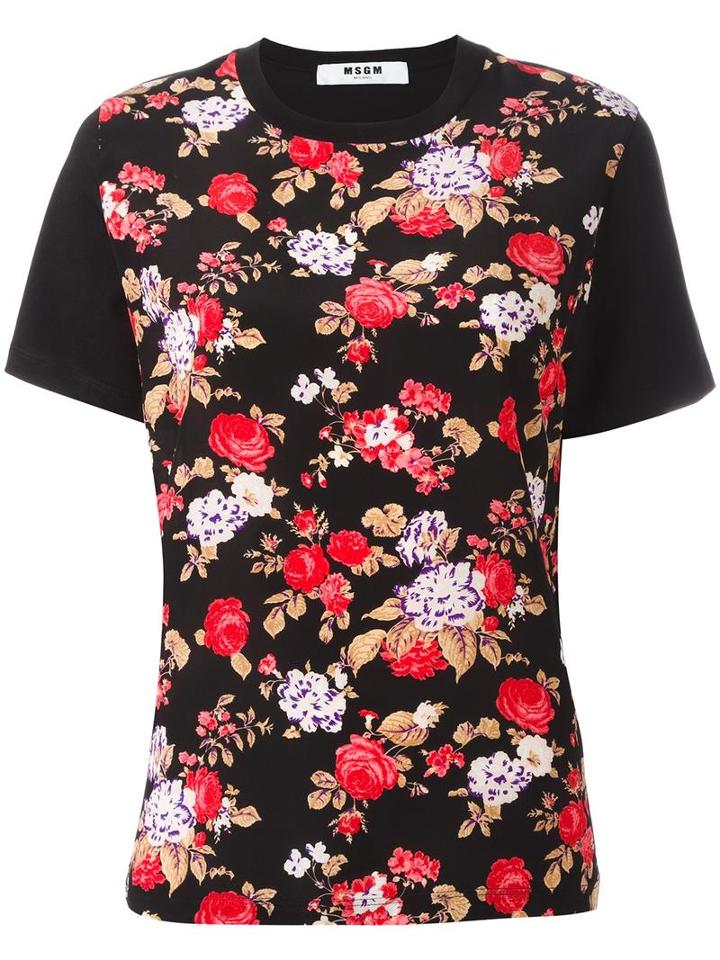 Msgm Floral Print T-shirt, Women's, Size: Medium, Black, Silk/cotton