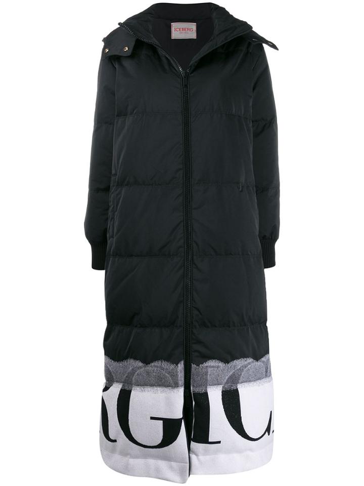 Iceberg Printed Logo Long Padded Coat - Black