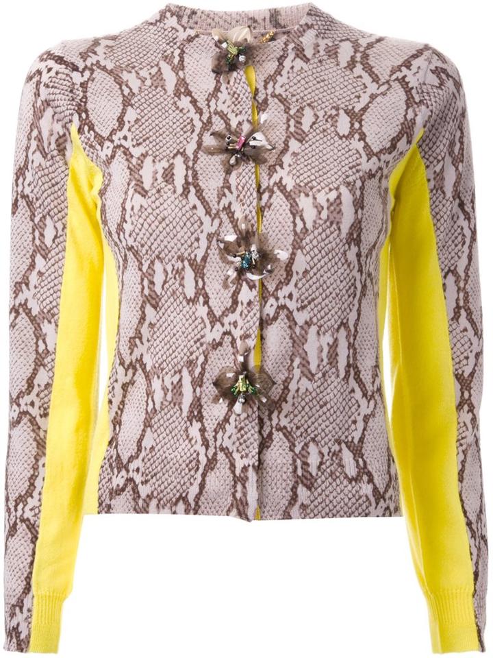 Muveil Snakeskin Print Embellished Cardigan, Women's, Size: 38, Brown, Wool