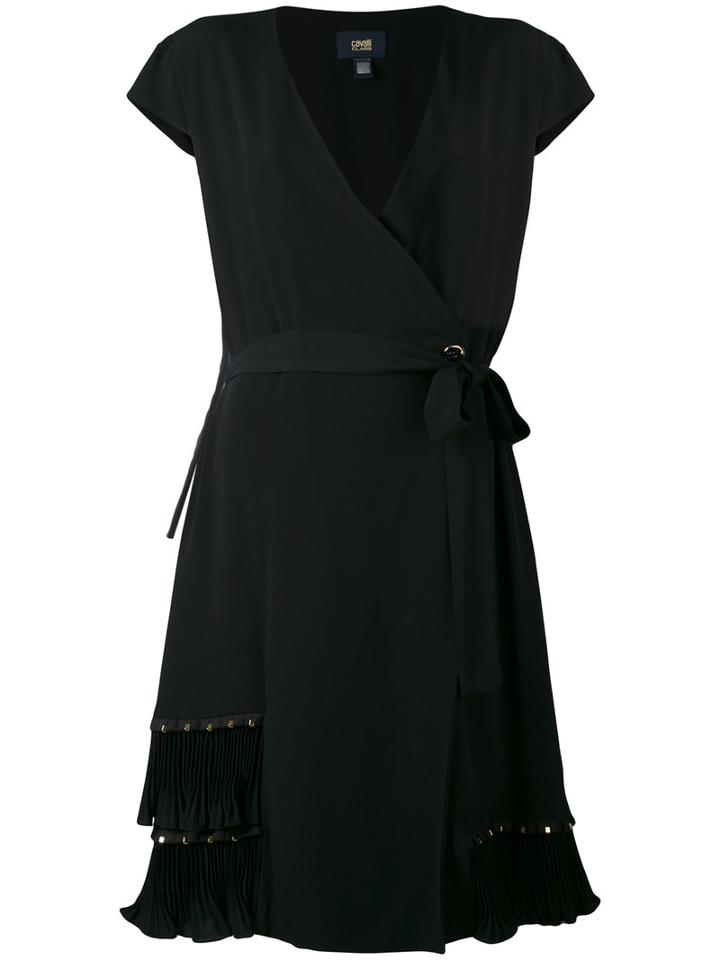 Cavalli Class - Pleated Trim Wrap Dress - Women - Silk/polyester/acetate - 44, Black, Silk/polyester/acetate