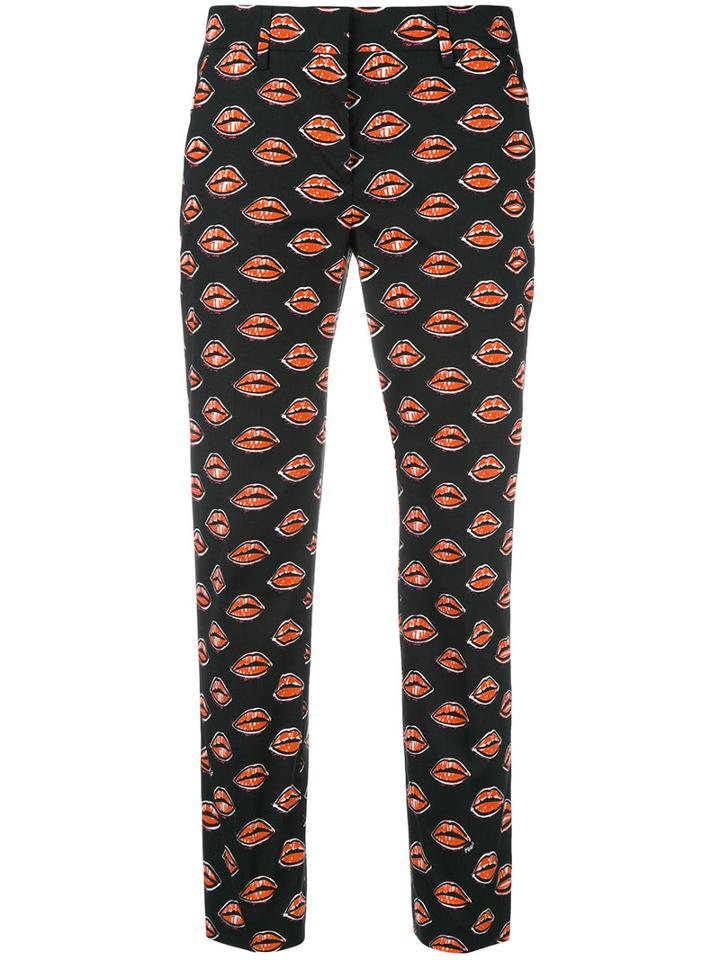Prada Lip Print Trousers, Women's, Size: 38, Black, Cotton/spandex/elastane/cupro