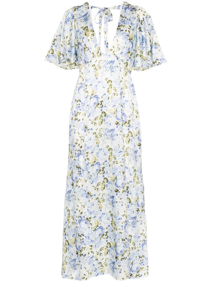 Les Reveries Floral Print V-neck Frill Sleeve Silk Dress - White