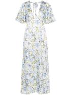 Les Reveries Floral Print V-neck Frill Sleeve Silk Dress - White