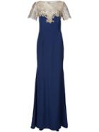 Marchesa Notte Embroidered Neck Gown, Women's, Size: 4, Blue, Silk