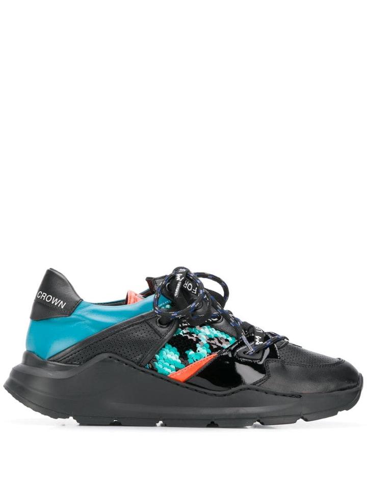 Leather Crown Sequin Panel Sneakers - Black