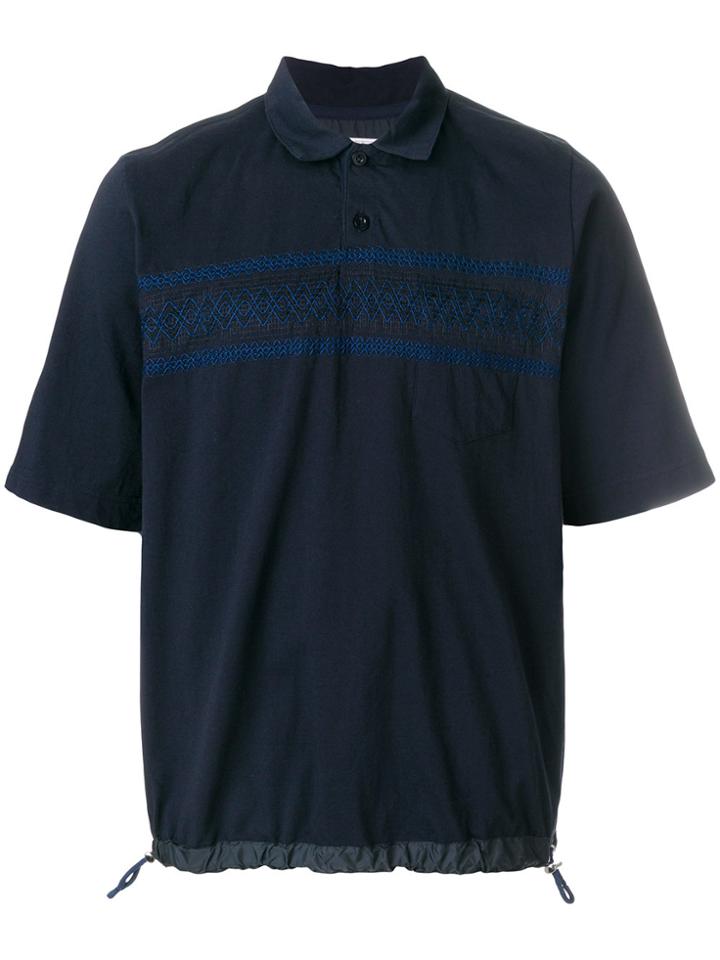Sacai Pintuck Embroidered Drawstring Polo Shirt - Blue