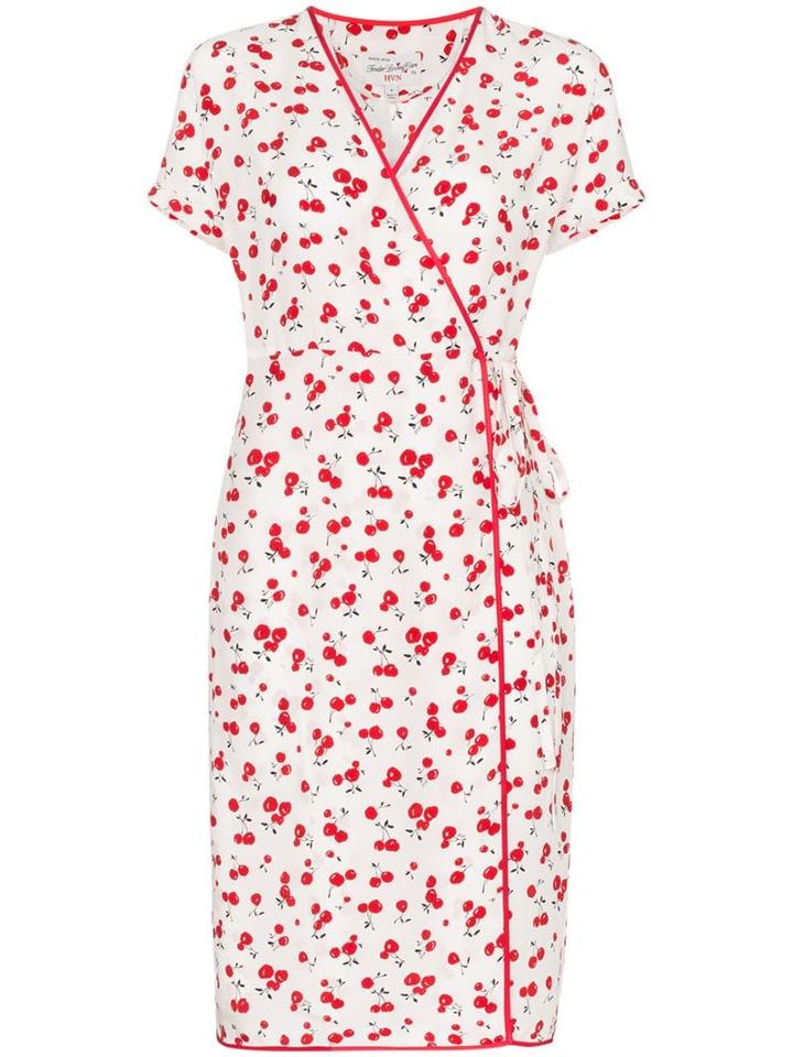 Hvn Vera Cherry Print Silk Wrap Dress - White