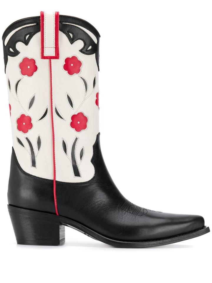 Semicouture Floral Cowboy Boots - Black