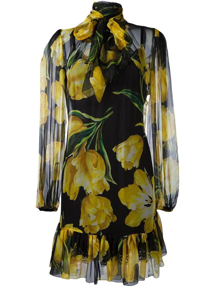 Dolce & Gabbana Tulip Print Sheer Dress, Women's, Size: 38, Black, Silk/cotton/spandex/elastane