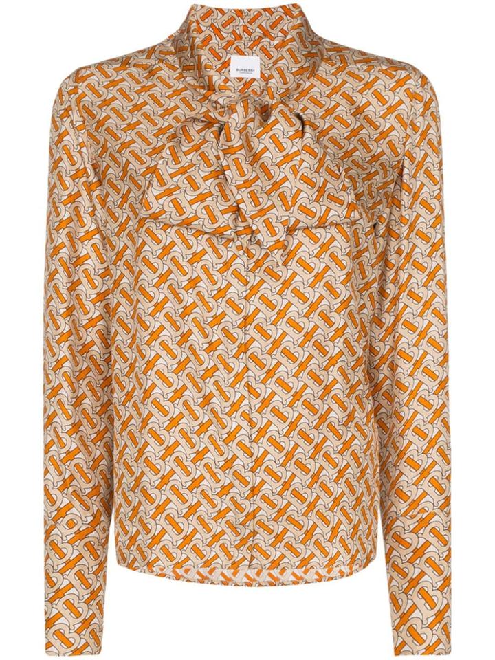 Burberry Monogram-print Pussy-bow Silk Blouse - Orange