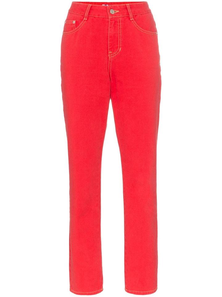 Sjyp High-waisted Contrast Stitching Jeans - Red