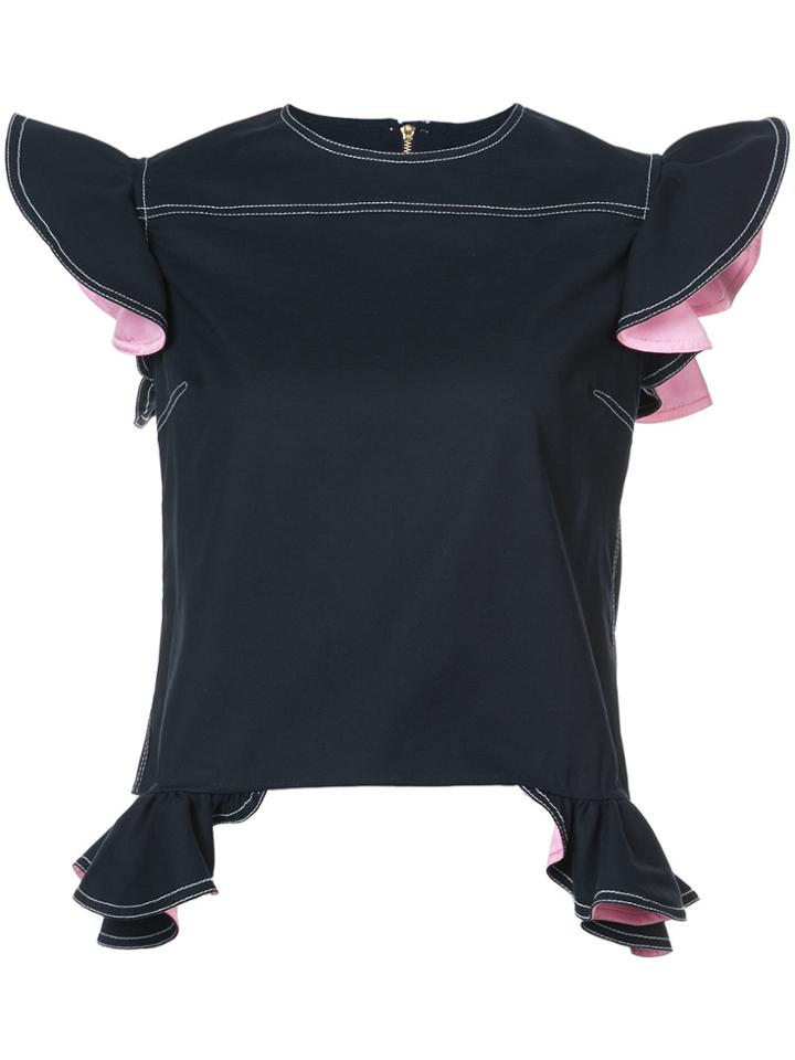 Harvey Faircloth Angel Sleeve Ruffle Detail Blouse - Blue