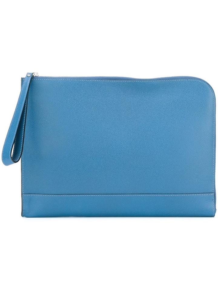 Valextra Wrist Strap Clutch, Men's, Blue, Calf Leather