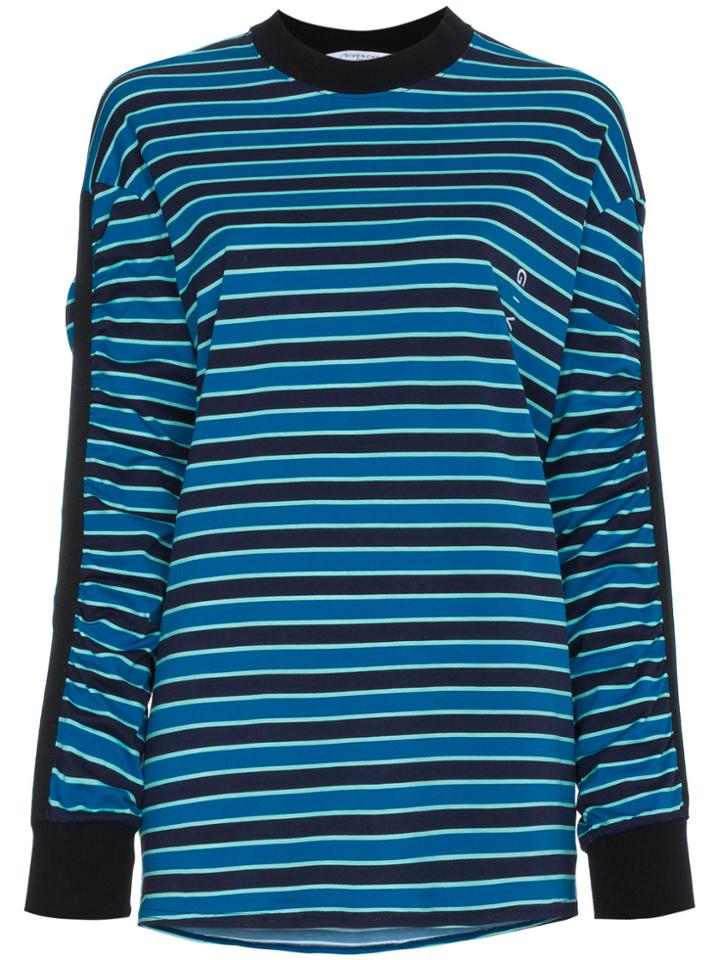 Givenchy Stripe Gathered Sleeve Logo Print Top - Blue