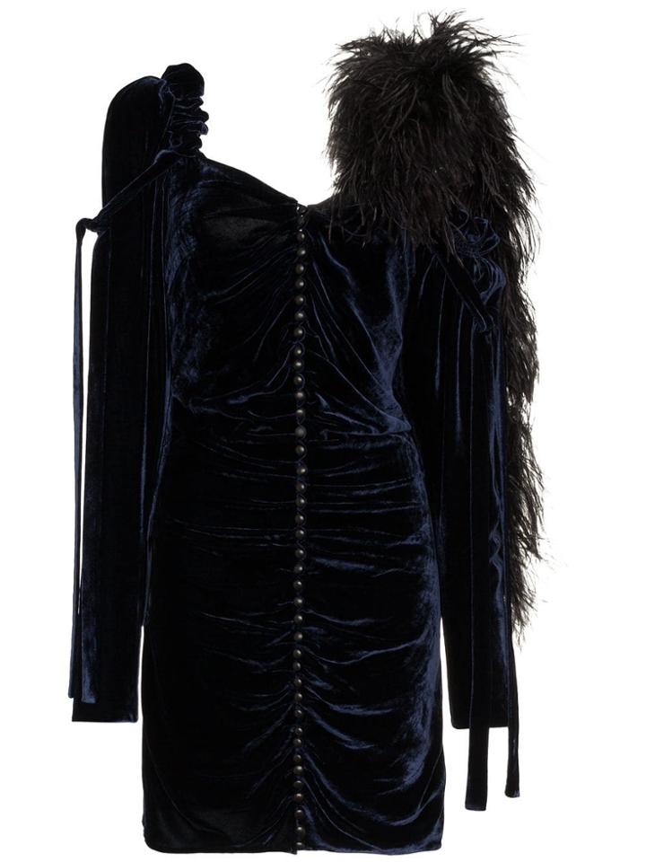 Magda Butrym Feather Boa Velvet Mini Dress - Blue