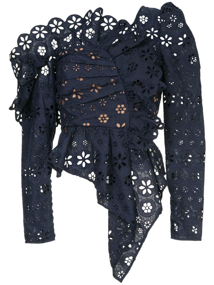 Self-portrait Embroidered Asymmetric Blouse - Blue