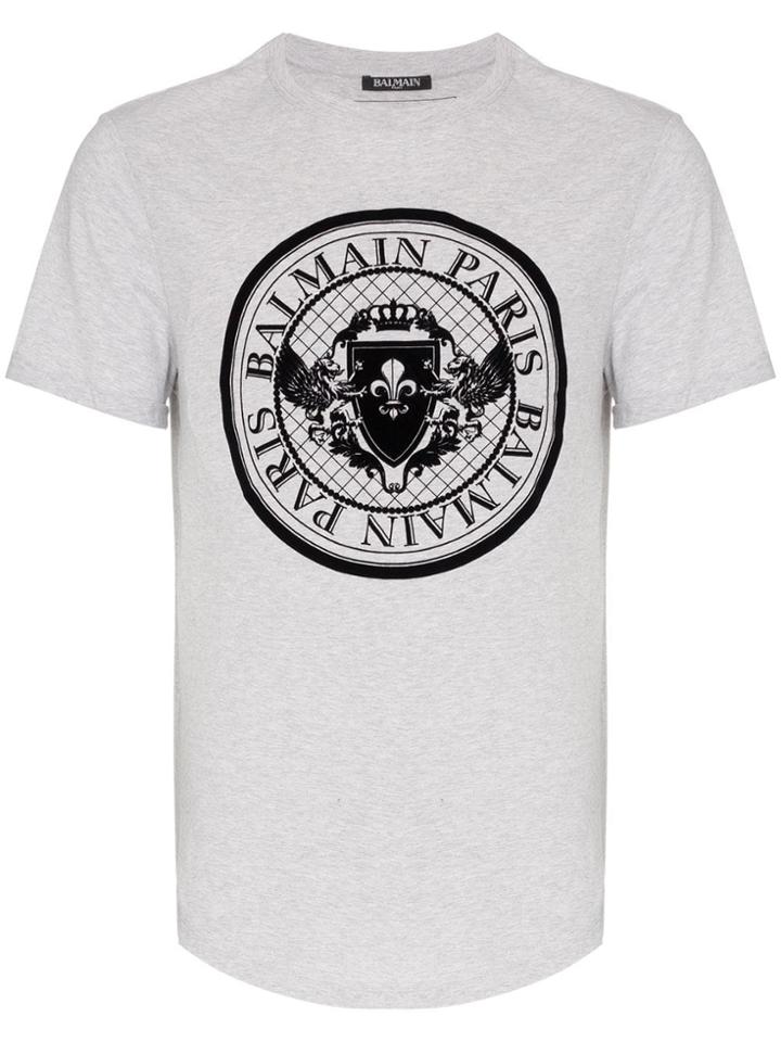 Balmain Coin Logo Curve Hem T-shirt - Grey