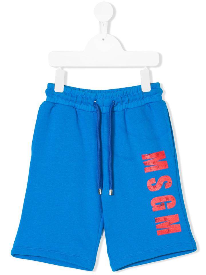 Msgm Kids Distressed Logo Print Shorts - Blue