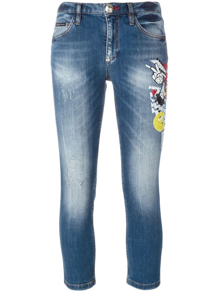Philipp Plein Eat Me Cropped Jeans, Women's, Size: 28, Blue, Cotton/spandex/elastane/glass