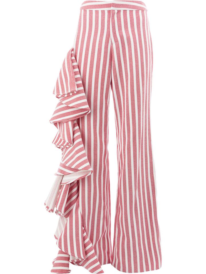 Alexis Striped Wide Leg Trousers With Draped Frill Trim - Red