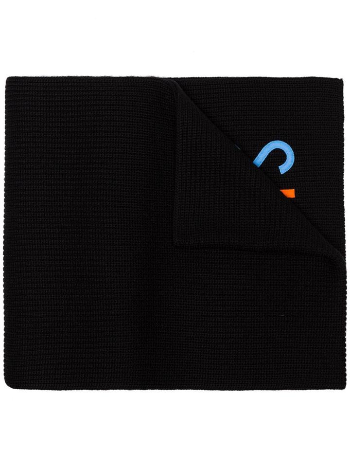 Versace Black Logo Embroidered Ribbed Wool Scarf