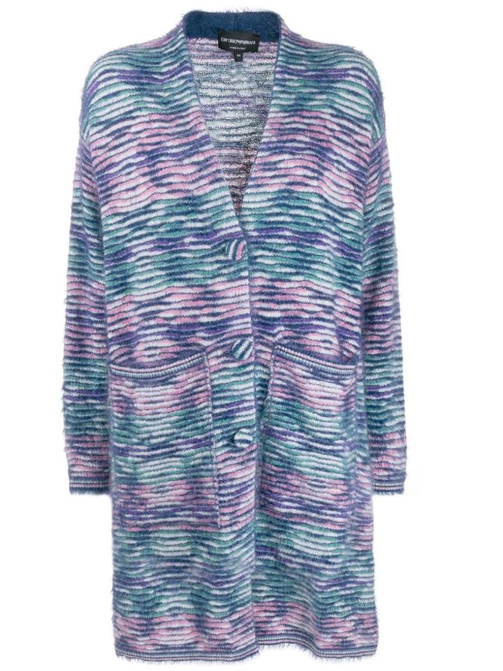 Emporio Armani Striped Pattern Single Breasted Coat - Blue