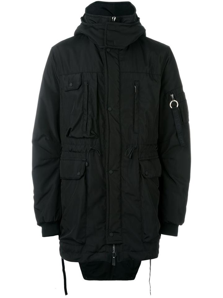 Marcelo Burlon County Of Milan Fishtail Hem Hooded Parka, Men's, Size: Large, Black, Polyester/viscose/cotton