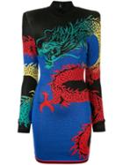 Balmain High-neck Dragon Print Dress - Blue