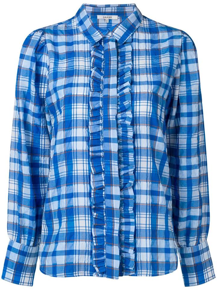 Ganni Checked Ruffle Blouse - Blue