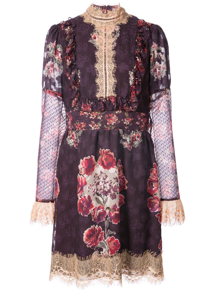 Anna Sui Rose Print High Neck Dress - Pink & Purple