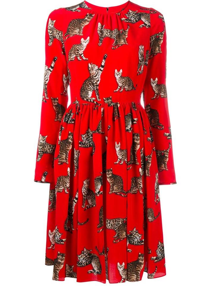 Dolce & Gabbana Bengal Cat Print Dress, Women's, Size: 44, Red, Silk/spandex/elastane