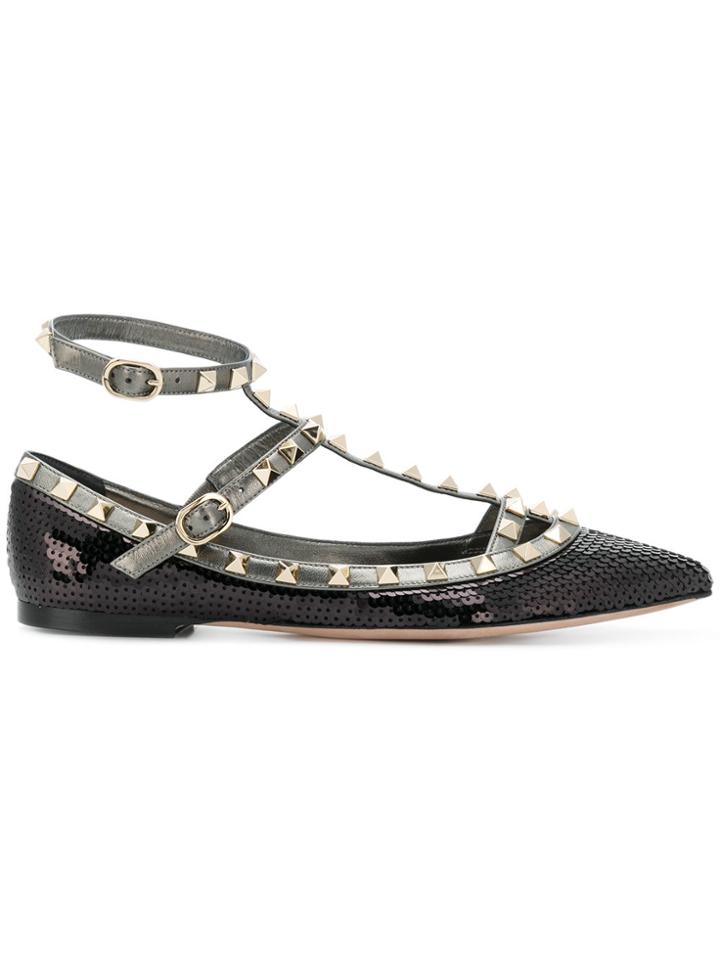 Valentino Sequin Rockstud Ballerina Shoes - Black