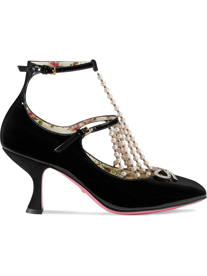 Gucci T-strap Leather Pump With Pearls - Black