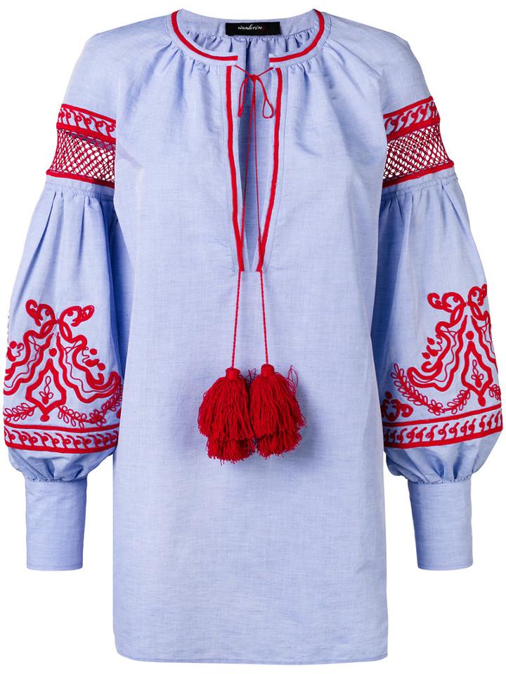 Wandering - Embroidered Poet Sleeve Mini Dress - Women - Cotton - 38, Blue, Cotton