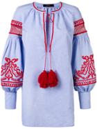 Wandering - Embroidered Poet Sleeve Mini Dress - Women - Cotton - 38, Blue, Cotton